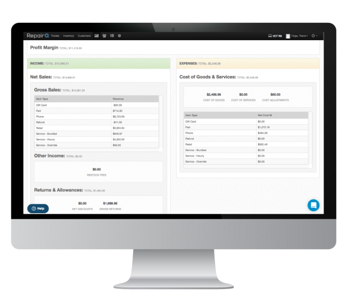 Screenshot of the RepairQ business management dashboard