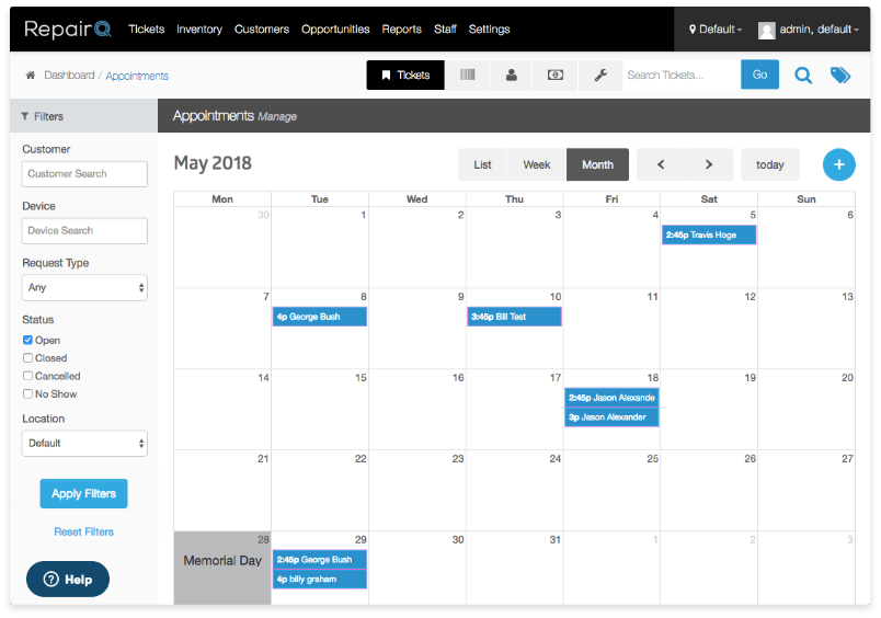Screenshot of the RepairQ appointments calendar feature