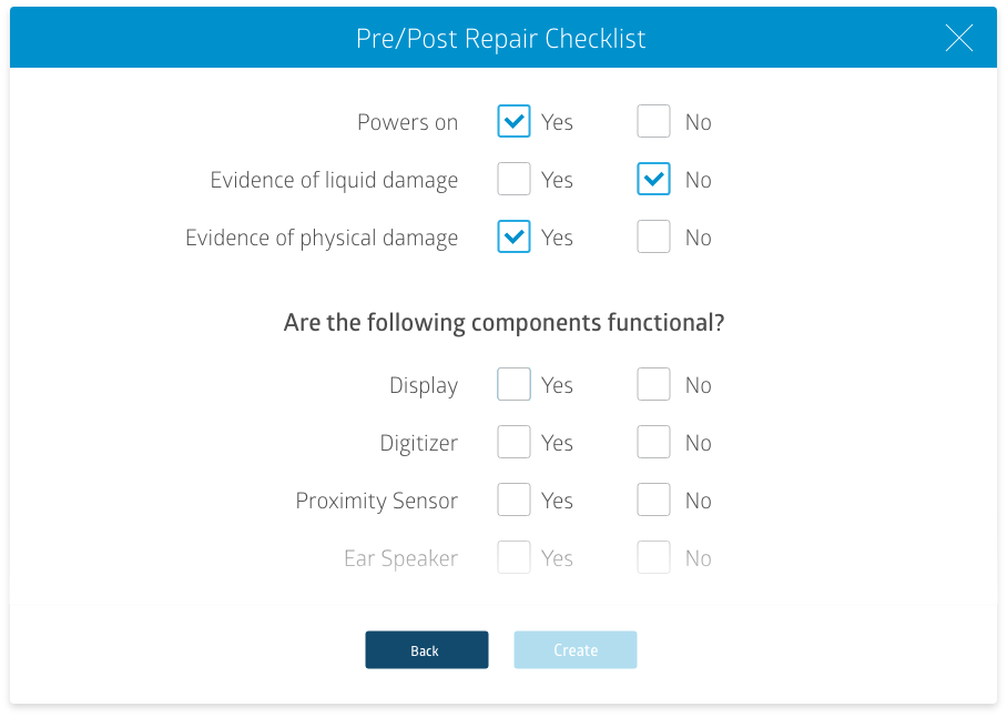 Pre:Post Repair Checklist Screenshot of RepairQ's device repair checklist