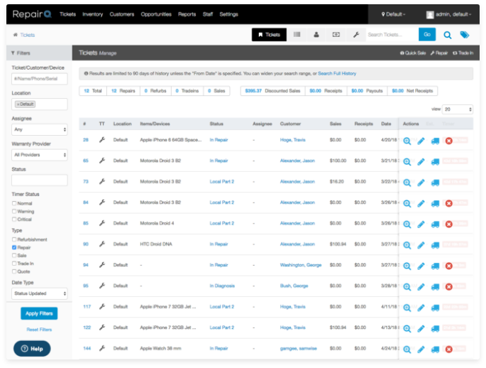 Screenshot of the RepairQ ticket management dashboard