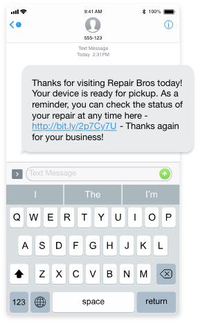 text screenshot of a repair status text sent to a customer