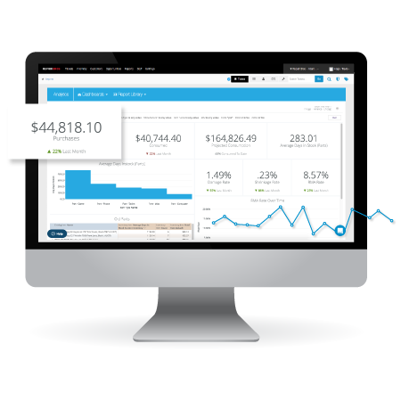 Computer monitor displaying a business's monthly cash flows and statistics with RepairQ's business management suite.