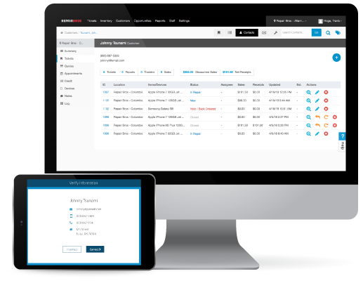 Computer monitor showing RepairQ powered repair status screen and iPad showing verification page
