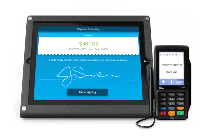 Qpop + PAXS300 Customer-facing iPad attached to a payment terminal