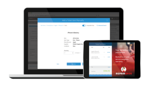 Enhance Your POS Laptop showing the ticket editing screen and iPad displaying the ticket summary screen