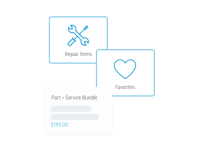 icon of tools with "repair items" written under them, icon of a heart with "favorites" written under it, and icon of a parts and service bundle offer.