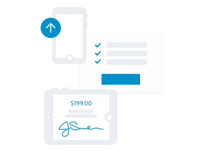 Custom Forms and Signatures Icon for signature capturing, icon for a check list, and an icon for uploading something to your phone