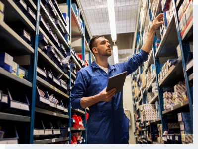 Mechanic Looking at Inventory Using Tablet a mechanic counting parts inventory