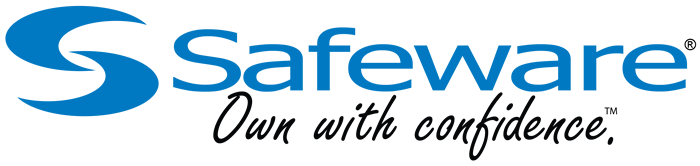 The Safeware logo and tagline, Own with confidence.
