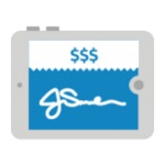 Icon of a POP receiving payment on tablet with signature and money.