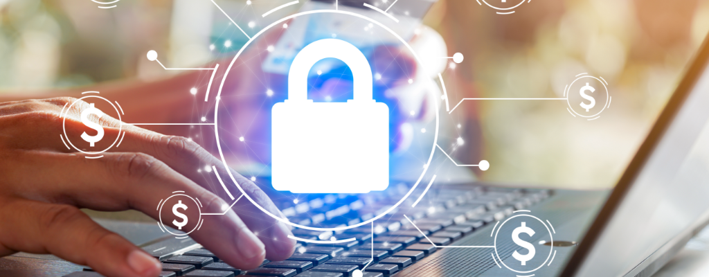 Customer using computer with payment security illustration overlay