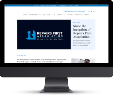 Repairs First website shown on dark grey Mac